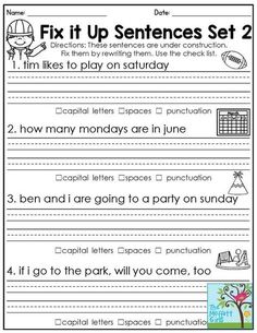 the worksheet for sentence writing with pictures and words to help students learn how to write