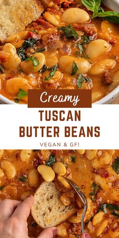 creamy tuscann butter beans in a white bowl with bread and basil on the side