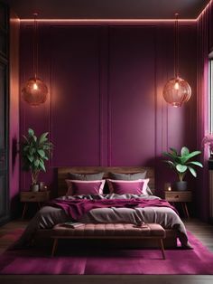 a bedroom with purple walls and wooden floors