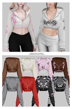 four different styles of crop tops and leggings with the same design on them