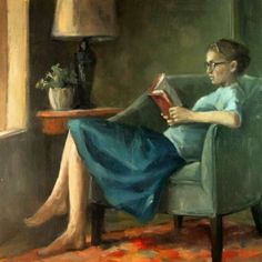 a painting of a woman sitting in a chair reading a book with her legs crossed