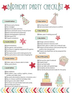 a birthday party checklist with lots of things to do for the kids on it