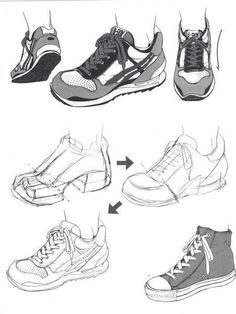 four different types of shoes are shown in black and white, with arrows pointing to them