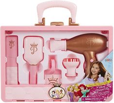 this is an image of a princess hair dryer and tools set in a pink case