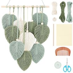 an assortment of green and white items including yarn, scissors, and other crafting supplies