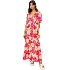 Make a statement at your next outdoor event with this très chic one-piece wonder. Complete your look with a clutch and strappy heels. Features gathered wide elbow sleeves, drop shoulders with shirring & self sash attached to the front empire seam that ties in the back. Versatile Fitted Spring Maxi Dress, Spring Flattering Maxi Dress, Flattering Spring Maxi Dress, Spring Flattering Ruched Maxi Dress, Flattering Ruched Maxi Dress For Spring, Pink Floor-length Floral Print Sets, Pink V-neck Maxi Dress With Tropical Print, Pink V-neck Maxi Dress With Vibrant Print, Multicolor Vibrant Print V-neck Maxi Dress