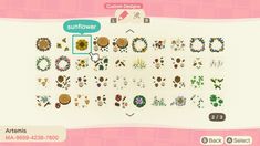 an animal crossing game with lots of animals and flowers on the screen, as well as letters