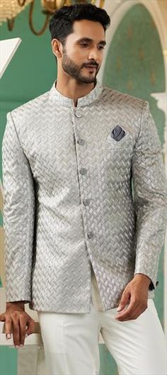 Black and Grey color Nehru Jacket in Art Silk fabric with Embroidered, Resham, Sequence, Thread work Wedding Nehru Jacket With Motifs And Long Sleeves, Long Sleeve Bandhgala With Motifs For Wedding, Transitional Wedding Nehru Jacket With Stand Collar, Nehru Jacket With Motifs For Wedding Eid, Wedding Nehru Jacket With Motifs For Eid, Eid Wedding Nehru Jacket With Motifs, Wedding Eid Nehru Jacket With Motifs, Bandhgala With Motifs For Wedding, Eid Festival, Bandhgala With Motifs For Wedding And Festivals