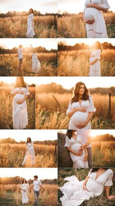 a pregnant woman is holding her baby bump while she stands in the middle of an open field