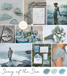 a collage of photos with blue and white colors, including the bride's dress