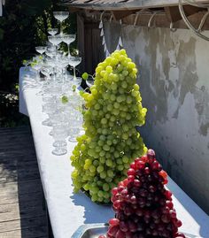 grapes and wine glasses on a long table