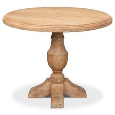 a round wooden table with two pedestals on one end and an oval base on the other