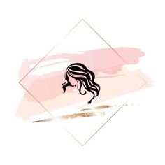 a woman's head with long hair on a pink and gold geometric design background