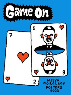 a card game on with two faces and hearts in the middle, surrounded by other cards