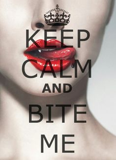 a woman's face with red lipstick and the words keep calm and bite on it