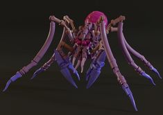 a purple spider with spikes and claws on it's back legs is posed in front of a black background