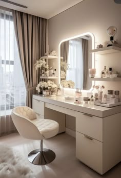 a room with a vanity, mirror and chair in it next to a large window