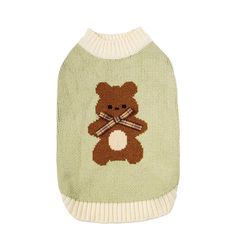 a green sweater with a brown teddy bear on the front and white back, which is knitted in two rows