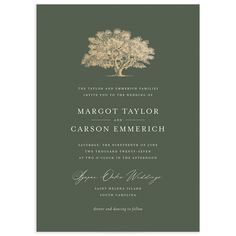 a wedding card with an image of a tree on the front and bottom, in green