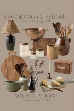 an advertisement for a home decor store featuring items from the kitchen and dining room, including wooden utensils