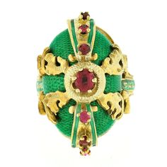 "You are looking at a unique and truly magnificent vintage ring crafted in solid 14k yellow gold. The ring displays the most beautiful and attractive green enamel work that covers the domed top with wonderful textured solid gold underneath the enamel. It is then elegantly adorned with outstandingly detailed gold work set above, in which is perfectly accented with 7 of the most gorgeous natural ruby stones that are well matched with a rich and vibrant pinkish-red color, showing amazing shine due Antique Yellow Gold Emerald Ring, Victorian Yellow Gold Enamel Ring For Anniversary, Antique Emerald Ring In Yellow Gold, Ceremonial Yellow Gold Emerald Heirloom Ring, Antique Enamel Rings For Formal Occasions, Ceremonial Heirloom Yellow Gold Emerald Ring, Victorian Style Hallmarked Enamel Ring For Anniversary, Heirloom Enamel Ring For Anniversary, Vintage Yellow Gold Enamel Rings