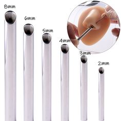 an assortment of different sizes and shapes of dental instruments with measurements for each item in the image