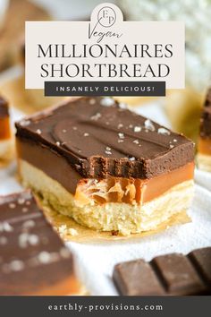 chocolate and peanut butter shortbreads are stacked on top of each other with the title overlay