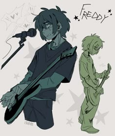 an anime character holding a guitar and standing next to another character with a microphone in their hand