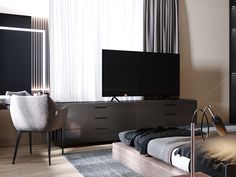 a bed room with a neatly made bed and a flat screen tv