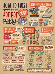 a poster showing how to host your own hot pot party in various languages and phrases