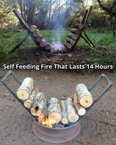 a fire pit with logs in it and the words self feeding fire that last 4 hours