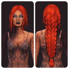 two different views of a woman with red hair and tattoos on her body, one is wearing