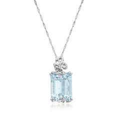 Ross-Simons - 6.97ct Aquamarine Pendant Necklace, Diamond Accents in 14kt White Gold. Showing off its cool blue hue, this magnificent pendant necklace has heavenly appeal. On it, a sizable 6.97 carat emerald-cut aquamarine dazzles from a decorative 14kt white gold setting sparked with diamond accents. Suspends from a Singapore chain that adjusts from 22" to choker length. Lobster clasp, aquamarine pendant necklace. Aquamarine birthstones are the perfect gift for March birthdays. Formal Pendant Jewelry With Prong Setting, Sterling Silver Baguette Cut Formal Jewelry, Fine Jewelry Diamond Necklace With Bail, Formal Sterling Silver Baguette Cut Jewelry, Formal Briolette Gemstone Jewelry, White Gold Briolette Jewelry With Prong Setting, Briolette White Gold Jewelry With Prong Setting, Fine Jewelry Pendant With Bail, Fine Jewelry 14k White Gold Necklaces For Formal Occasions