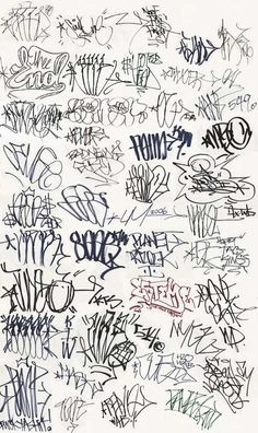 many different types of graffiti written on the wall in black and blue ink with white background