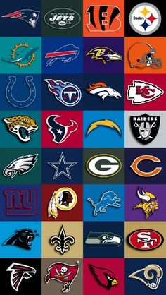 many different nfl logos are shown in multiple colors and sizes, including one for each team