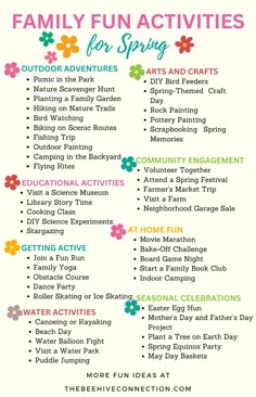 family fun activities for spring 2024 Spring Family Activities, Family Learning Activities, Cheap Family Activities, Family Activities Kindergarten, Activities For Spring, Family Weekend Activities, Family Fun Ideas