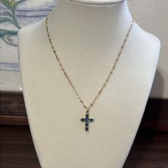 New Gold Plated Stainless Steel Blue Cross Pendant Necklace Lobster Clasp Closure With Extender Approx. 16-18.25” Blue Cross, Cross Pendant Necklace, Steel Blue, Blue Gold, Cross Pendant, Womens Jewelry Necklace, Gold Plate, Plating, Stainless Steel