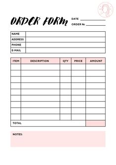 the order form is shown in black and white, with pink ink on it's side