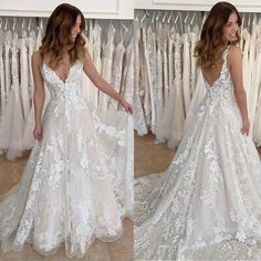 two pictures of a woman in a wedding dress and another photo of the back of her gown