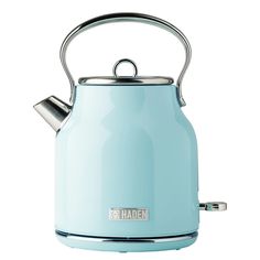 a blue tea kettle with a metal handle