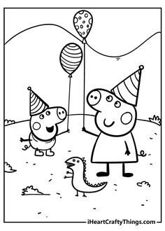 pep the pig and his friend are celebrating their birthday with balloons in the sky coloring page