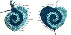 two crocheted hearts are shown in blue and white