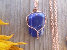 raw rough natural small lapis lazuli crystal wire wrapped in Lapis Lazuli Wire Wrapped Healing Jewelry, Wire Wrapped Sodalite Jewelry As Gift, Lapis Lazuli Crystal, Wrap Necklace, Copper Chain, Wrapped Pendant, Copper Color, Pure Copper, Wire Wrapped Pendant