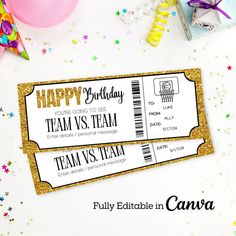 two birthday tickets sitting on top of a table with confetti and streamers