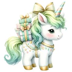 a cute little unicorn with some presents on it's back