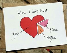 a card that says, what i love most you pizza nefflox and two pieces of heart