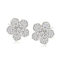 Ross-Simons - Italian .80 ct. t. w. Cubic Zirconia Flower Earrings in Sterling Silver. Crafted in Italy in polished sterling silver, these adorable flower earrings are dazzled by .80 ct. t. w. round brilliant-cut CZs. We suggest pairing with simple hoops for a chic stacked look! Post/clutch, CZ flower earrings. CZ weights are diamond equivalents. White Sterling Silver Flower Earrings With Prong Setting, Classic Silver Flower Shaped Diamond Earrings, Sterling Silver Flower Diamond Earrings For Anniversary, Flower Shaped Sterling Silver Diamond Earrings For Anniversary, Flower-shaped Sterling Silver Diamond Earrings For Anniversary, Isabela Madrigal, Top Selling Jewelry, Gold Flower Ring, Womens Earrings Studs