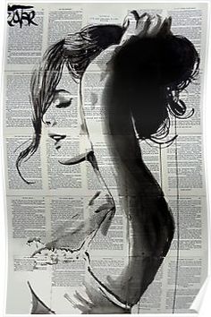 a black and white drawing of a woman's head on top of a newspaper