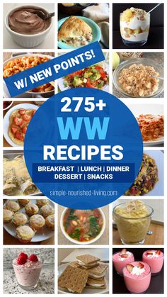 food collage: 15 photos of WW friendly oatmeal, cupcakes, jello fluff, overnight oats, graham cracker cool whip frozen treats, lasagna, enchiladas, protein pancakes, soup, crockpot southwest chicken, cauliflower taco skillet and hamburger goulash with graphic and Text: 27+ WW Recipes: Breakfast, Lunch, Dinner, Dessert & Snacks. Simple Nourished Living Easy Weight Watcher Snacks, Ww Meal Recipes, Weight Waters Breakfast, Weight Watcher Snacks 2023, Weight Watcher Charcuterie Board, Best Weight Watchers Snacks, Ww Recipes With Points 2023 Breakfast, Emily Bites Weight Watchers, 2024 Weight Watchers Recipes