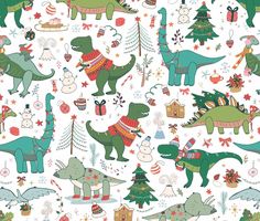 an image of dinosaurs and christmas trees on a white background for wallpaper or wrapping paper